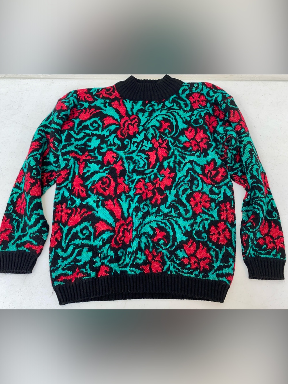 Floral Knit Crewneck Sweater in Black, Teal & Red
